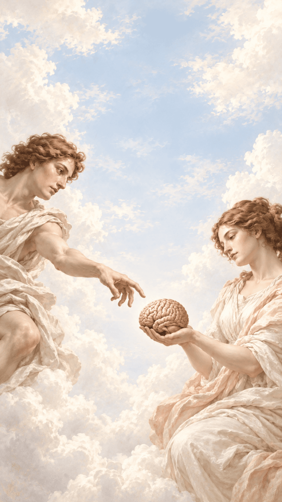 Classical figures reaching toward a brain held between them.
